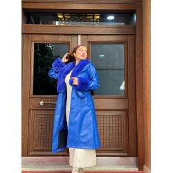 KOL VE YAKA KÜRKLÜ DERİ KABAN MAVİ