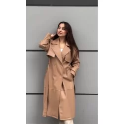 KRUVAZE YAKA KUŞAKLI DERİ TRENÇ CAMEL 