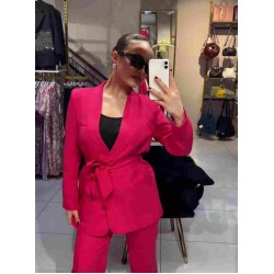 Kuşaklı ceket takım fuşya 