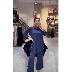 Düğme detaylı pantolonlu takım lacivert 