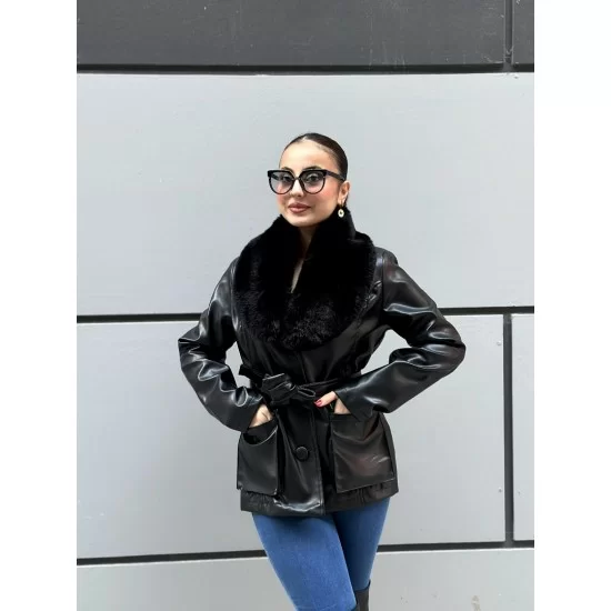 YAKA KÜRKLÜ DERİ ORTA BOY CEKET SİYAH