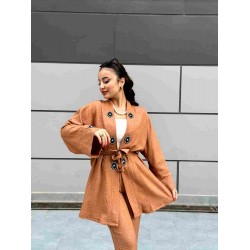 AMULET  NAKIŞLI  İKİLİ KETEN TAKIM CAMEL