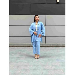 AMULET  NAKIŞLI  İKİLİ KETEN TAKIM MAVİ