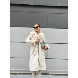 KOL VE YAKA KÜRKLÜ DERİ KABAN BEJ