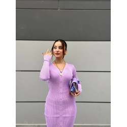 DÜĞMELİ YIRTMAÇLI TRİKO ELBİSE LİLA 