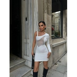 ZİRKONYUM TAŞ BASKILI TEK OMUZ KISA ELBİSE BEYAZ