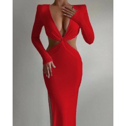 MAXI BOY VATKALI BULMACA DETAY ELBİSE KIRMIZI