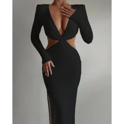 MAXI BOY VATKALI BULMACA DETAY ELBİSE SİYAH