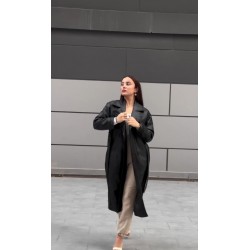 KRUVAZE YAKA KUŞAKLI DERİ TRENÇ SİYAH