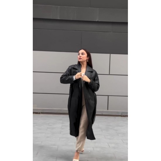 KRUVAZE YAKA KUŞAKLI DERİ TRENÇ SİYAH