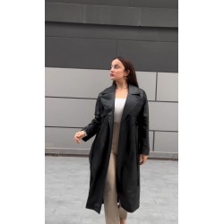 KRUVAZE YAKA KUŞAKLI DERİ TRENÇ SİYAH