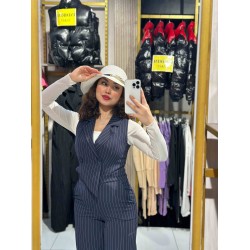 ÇİZGİLİ ATLAS KUMAŞ DÜĞME DETAY TULUM LACİVERT