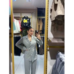 DÜĞME DETAY CEKET TAKIM GRİ