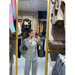 DÜĞME DETAY CEKET TAKIM GRİ